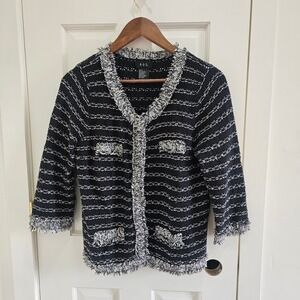 RQTC Black White Tweed Knit Fringe Cardigan Jacket Blazer Women's Size L